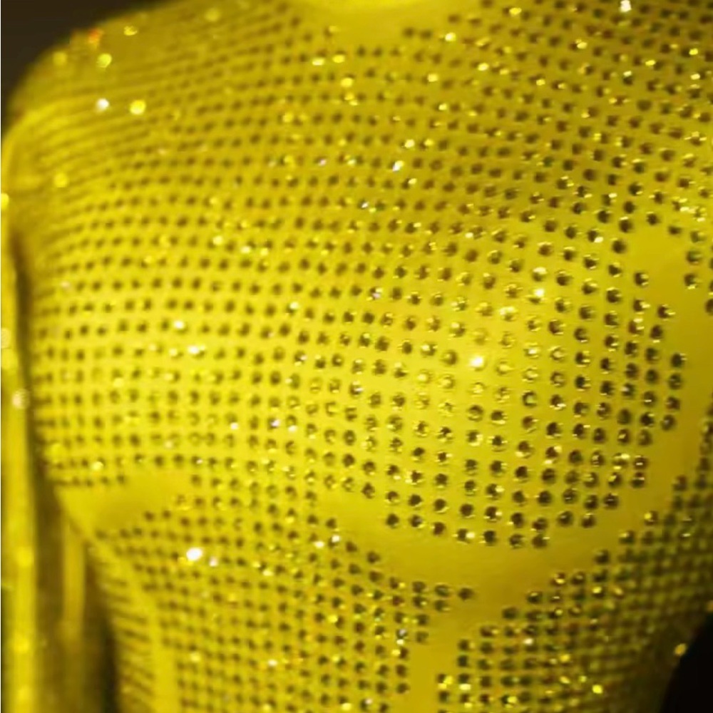 Yellow Rhinestone Embellished Bodysuit